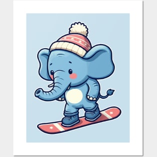 Funny elephant Snowboarding Posters and Art